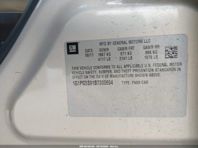 Aukcja sprzedaży 2011 Chevrolet Cruze 2lt, vin: 1G1PG5S91B7300894, numer aukcji: 45145126
