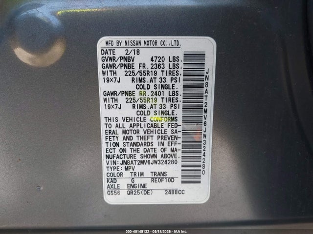 Aukcja sprzedaży 2018 Nissan Rogue Sl, vin: JN8AT2MV6JW324280, numer aukcji: 45145132
