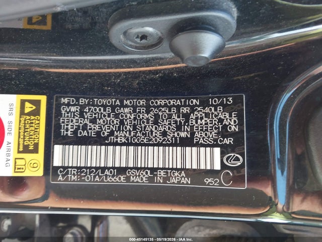 45145135 :رقم المزاد ، JTHBK1GG5E2092311 vin ، 2014 Lexus Es 350 مزاد بيع