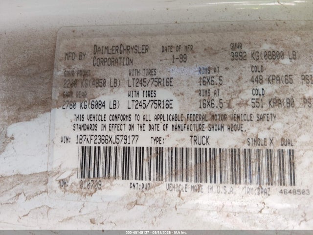 45145137 :رقم المزاد ، 1B7KF2366XJ579177 vin ، 1999 Dodge Ram 2500 St مزاد بيع