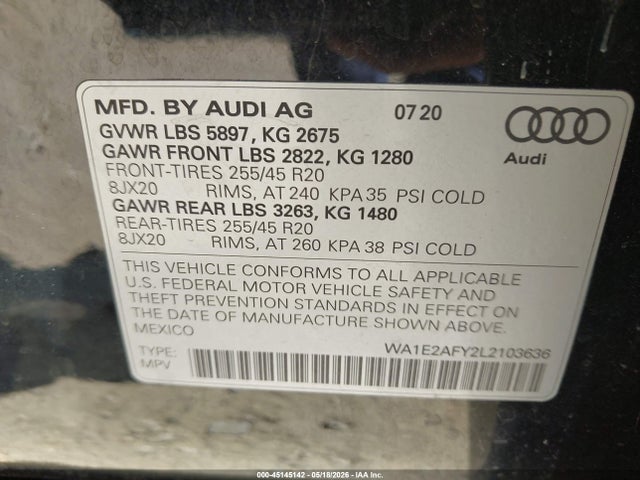 Продажа на аукционе авто 2020 Audi Q5 Premium Plus 55 Tfsi E Quattro S Tronic, vin: WA1E2AFY2L2103636, номер лота: 45145142