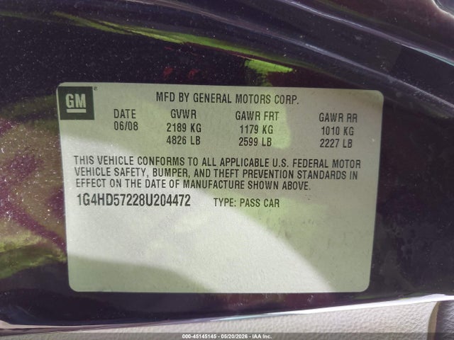 45145145 :رقم المزاد ، 1G4HD57228U204472 vin ، 2008 Buick Lucerne Cxl مزاد بيع