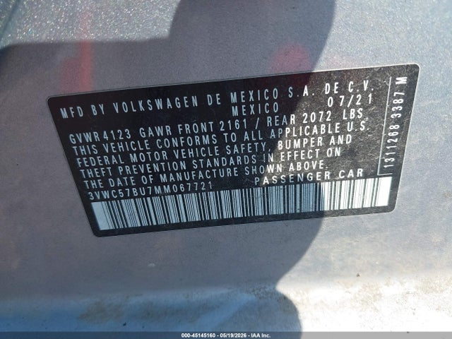 Продаж на аукціоні авто 2021 Volkswagen Jetta 1.4t R-line/1.4t S/1.4t Se, vin: 3VWC57BU7MM067721, номер лоту: 45145160