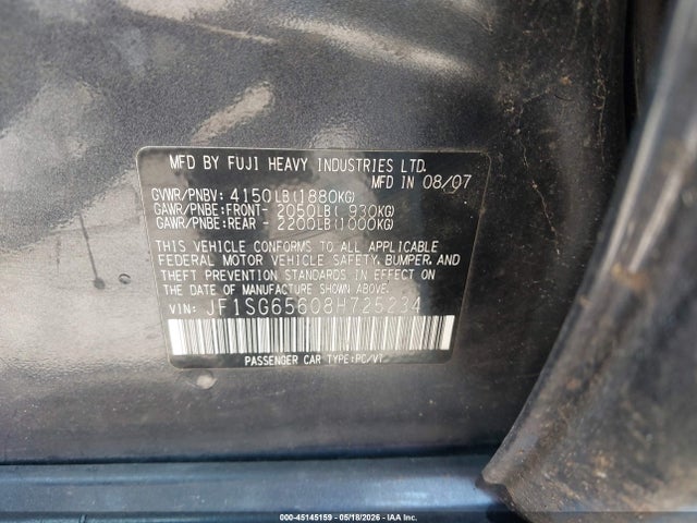 2008 Subaru Forester 2.5x მანქანა იყიდება აუქციონზე, vin: JF1SG65608H725234, აუქციონის ნომერი: 45145159