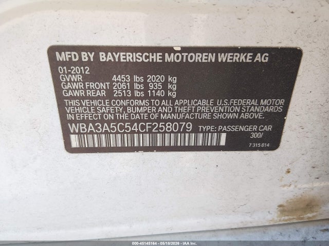 45145164 :رقم المزاد ، WBA3A5C54CF258079 vin ، 2012 Bmw 328i مزاد بيع