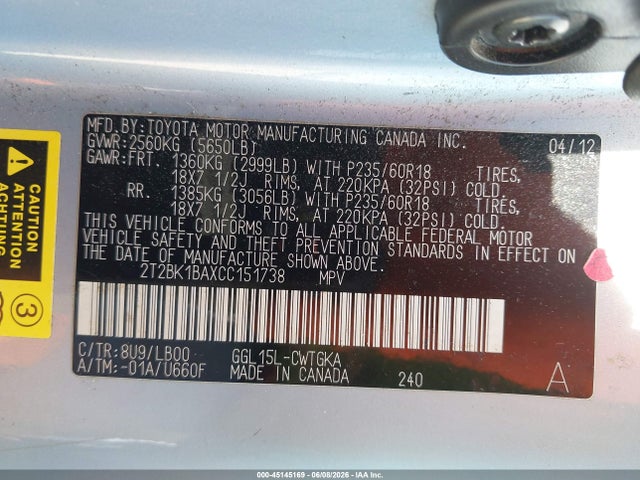 Продажа на аукционе авто 2012 Lexus Rx 350, vin: 2T2BK1BAXCC151738, номер лота: 45145169