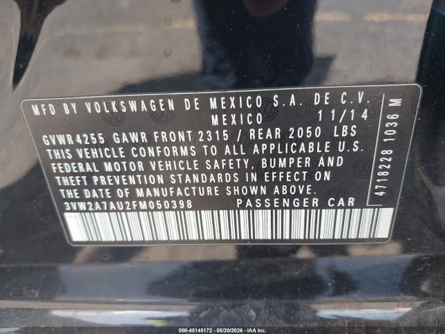45145172 :رقم المزاد ، 3VW2A7AU2FM050398 vin ، 2015 Volkswagen Golf Tdi S 4-door مزاد بيع