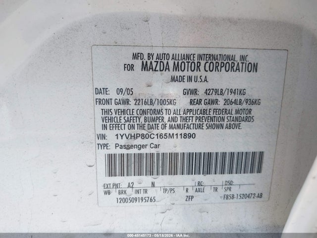 Aukcja sprzedaży 2006 Mazda Mazda6 I Sport, vin: 1YVHP80C165M11890, numer aukcji: 45145173