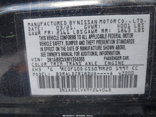 Aukcja sprzedaży 2021 Nissan Sentra Sv Xtronic Cvt, vin: 3N1AB8CVXMY264068, numer aukcji: 45145174