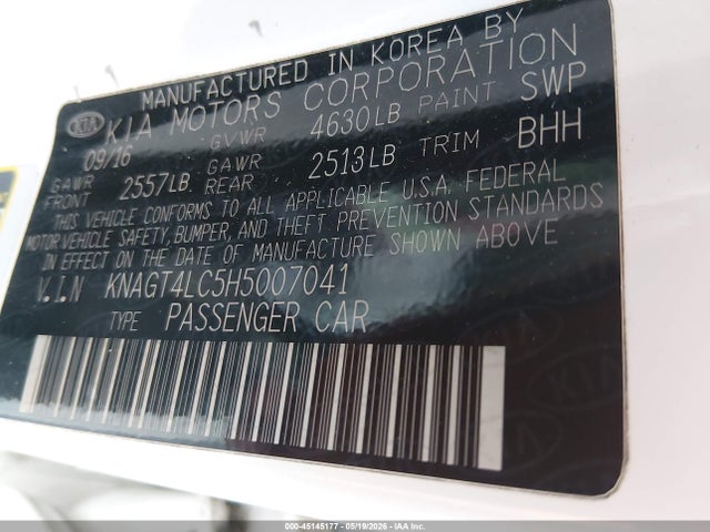 2017 Kia Optima Hybrid მანქანა იყიდება აუქციონზე, vin: KNAGT4LC5H5007041, აუქციონის ნომერი: 45145177