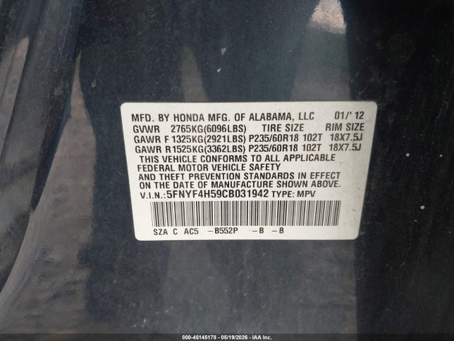 Продажа на аукционе авто 2012 Honda Pilot Ex-l, vin: 5FNYF4H59CB031942, номер лота: 45145178