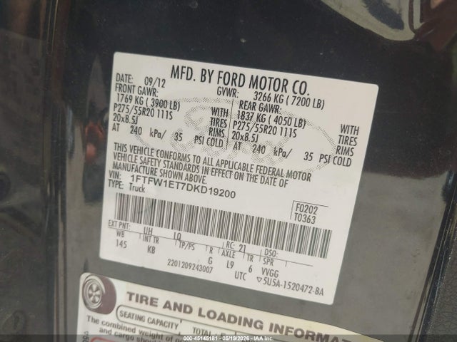 45145181 :رقم المزاد ، 1FTFW1ET7DKD19200 vin ، 2013 Ford F-150 King Ranch مزاد بيع