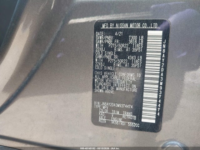 Продаж на аукціоні авто 2021 Nissan Armada Platinum 2wd, vin: JN8AY2DA3M9374474, номер лоту: 45145182