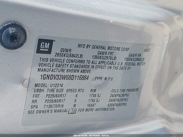 Auction sale of the 2008 Chevrolet Uplander Lt, vin: 1GNDV33W68D116884, lot number: 45145186