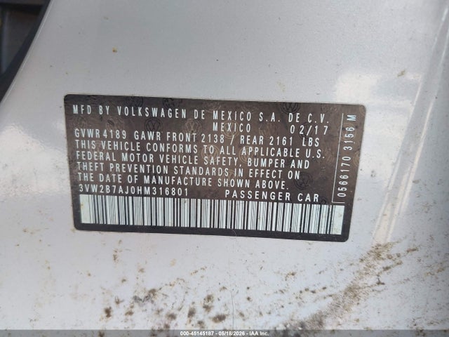 Продаж на аукціоні авто 2017 Volkswagen Jetta 1.4t S, vin: 3VW2B7AJ0HM316801, номер лоту: 45145187