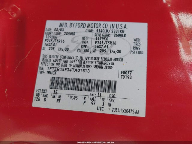 Продаж на аукціоні авто 2004 Ford Ranger Edge/tremor/xlt, vin: 1FTZR45E34TA01513, номер лоту: 45145194