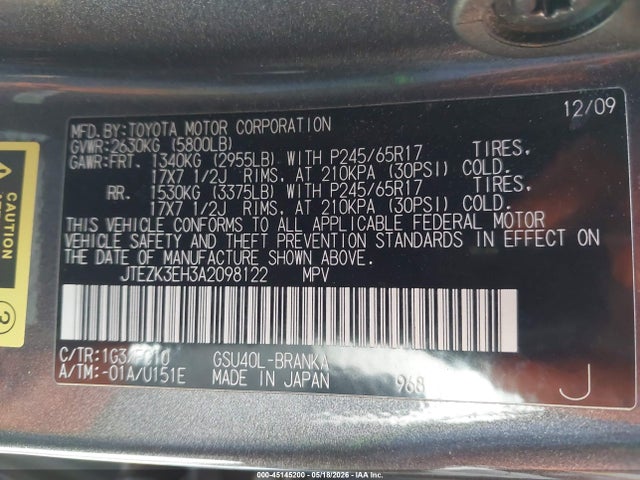 Aukcja sprzedaży 2010 Toyota Highlander Base V6, vin: JTEZK3EH3A2098122, numer aukcji: 45145200