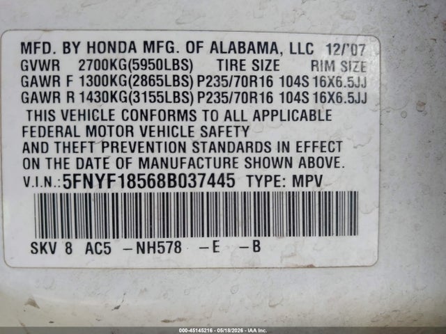 Auction sale of the 2008 Honda Pilot Ex-l, vin: 5FNYF18568B037445, lot number: 45145216