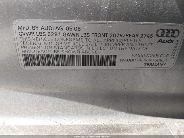 45145232 :رقم المزاد ، WAUDH74F48N150951 vin ، 2008 Audi A6 3.2 مزاد بيع