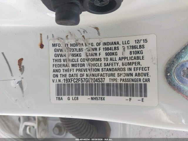 Aukcja sprzedaży 2016 Honda Civic Lx, vin: 19XFC2F57GE204537, numer aukcji: 45145234