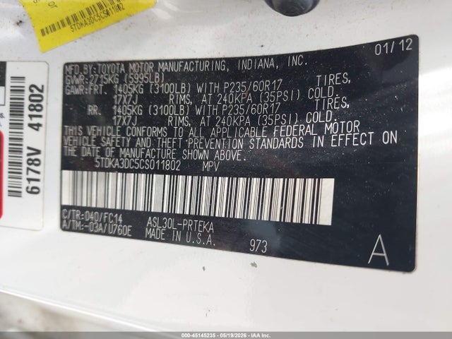 45145235 :رقم المزاد ، 5TDKA3DC5CS011802 vin ، 2012 Toyota Sienna Le 8 Passenger مزاد بيع