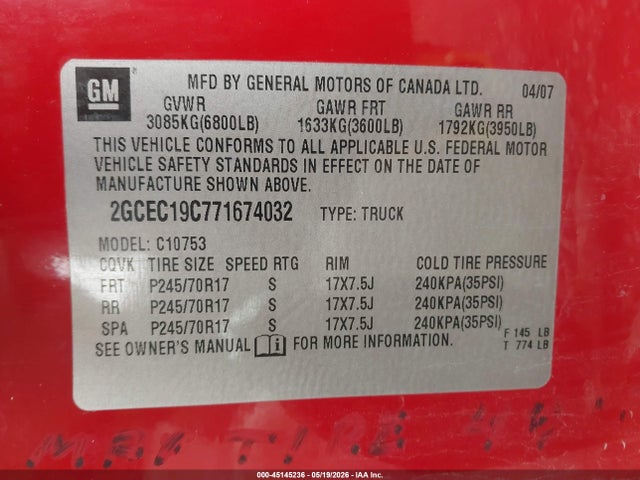 Aukcja sprzedaży 2007 Chevrolet Silverado 1500 Lt1, vin: 2GCEC19C771674032, numer aukcji: 45145236