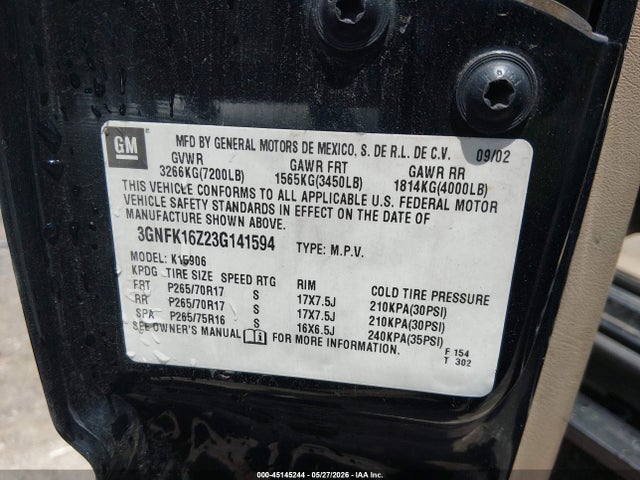 Продажа на аукционе авто 2003 Chevrolet Suburban 1500 Z71, vin: 3GNFK16Z23G141594, номер лота: 45145244