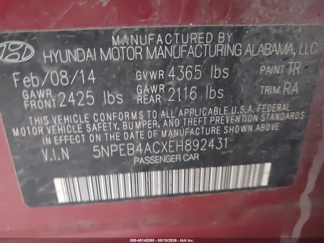 Aukcja sprzedaży 2014 Hyundai Sonata Gls, vin: 5NPEB4ACXEH892431, numer aukcji: 45145260