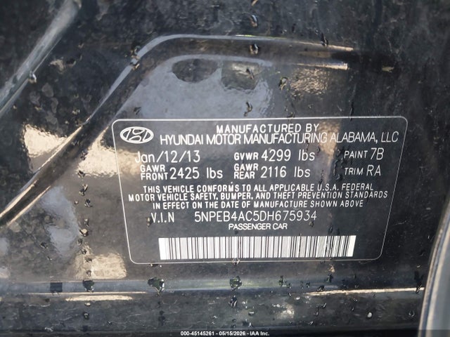 Aukcja sprzedaży 2013 Hyundai Sonata Gls, vin: 5NPEB4AC5DH675934, numer aukcji: 45145261