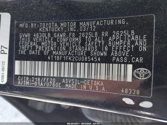 Aukcja sprzedaży 2012 Toyota Camry Se, vin: 4T1BF1FK2CU085454, numer aukcji: 45145271