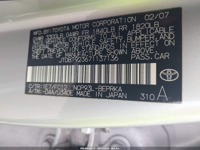 Aukcja sprzedaży 2007 Toyota Yaris S, vin: JTDBT923671137136, numer aukcji: 45145272