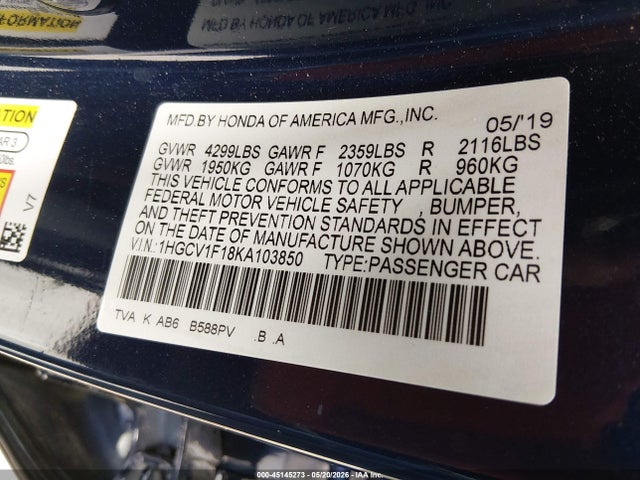 45145273 :رقم المزاد ، 1HGCV1F18KA103850 vin ، 2019 Honda Accord Lx مزاد بيع
