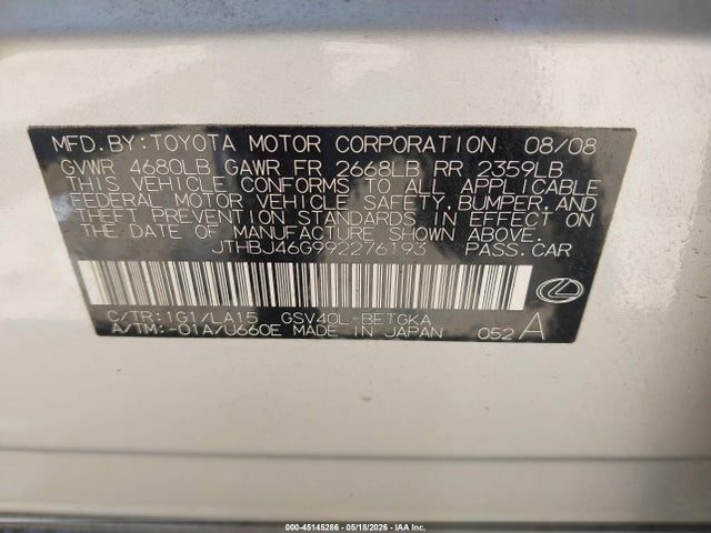 2009 Lexus Es 350 მანქანა იყიდება აუქციონზე, vin: JTHBJ46G992276193, აუქციონის ნომერი: 45145286