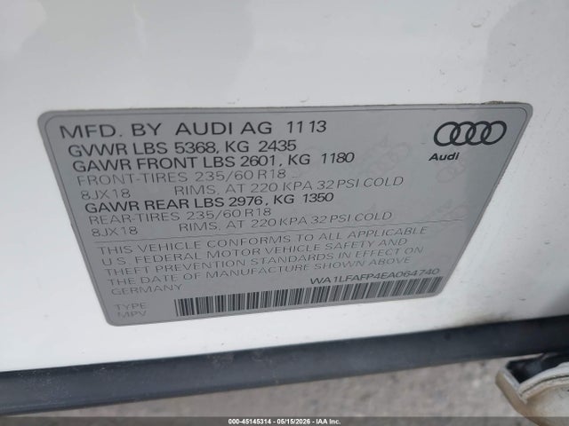 Продаж на аукціоні авто 2014 Audi Q5 2.0t Premium, vin: WA1LFAFP4EA064740, номер лоту: 45145314