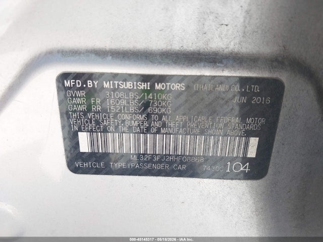 2017 Mitsubishi Mirage G4 Es მანქანა იყიდება აუქციონზე, vin: ML32F3FJ2HHF08868, აუქციონის ნომერი: 45145317