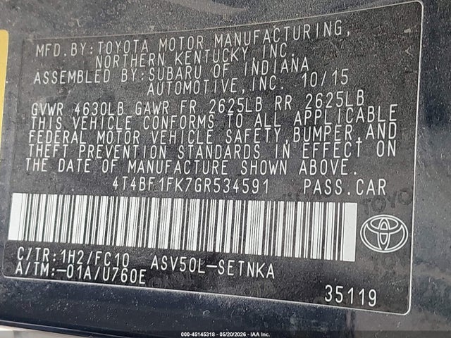 45145318 :رقم المزاد ، 4T4BF1FK7GR534591 vin ، 2016 Toyota Camry Le مزاد بيع