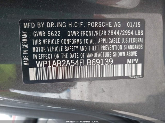 45145327 :رقم المزاد ، WP1AB2A54FLB69139 vin ، 2015 Porsche Macan S مزاد بيع