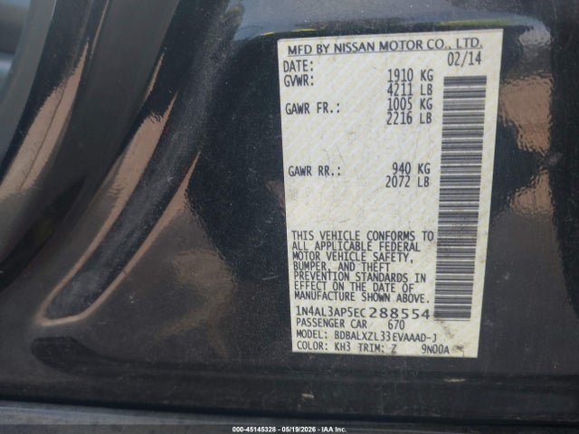 2014 Nissan Altima 2.5 Sl მანქანა იყიდება აუქციონზე, vin: 1N4AL3AP5EC288554, აუქციონის ნომერი: 45145328