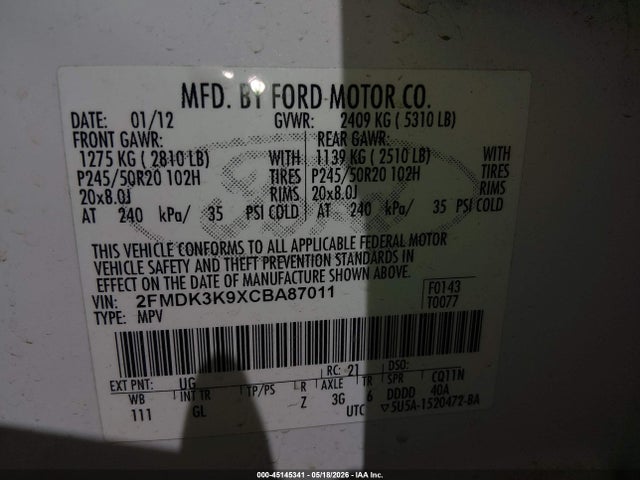 45145341 :رقم المزاد ، 2FMDK3K9XCBA87011 vin ، 2012 Ford Edge Limited مزاد بيع