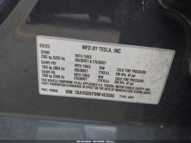Продаж на аукціоні авто 2022 Tesla Model Y Performance Dual Motor All-wheel Drive, vin: 7SAYGDEF8NF453586, номер лоту: 45145352