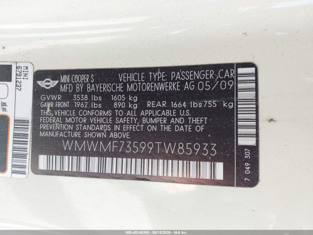 Aukcja sprzedaży 2009 Mini Cooper S, vin: WMWMF73599TW85933, numer aukcji: 45145360