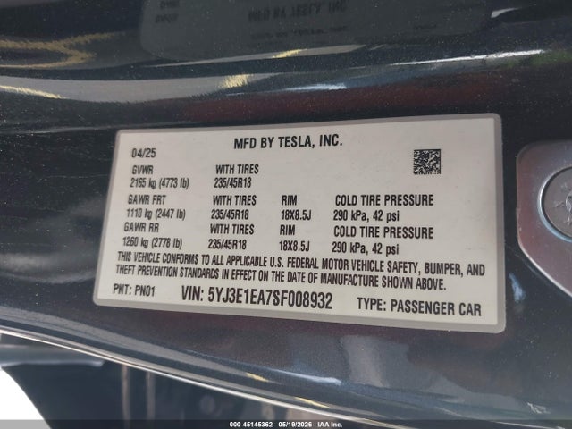 Продаж на аукціоні авто 2025 Tesla Model 3 Long Range Rear-wheel Drive/standard Rear-wheel Drive, vin: 5YJ3E1EA7SF008932, номер лоту: 45145362