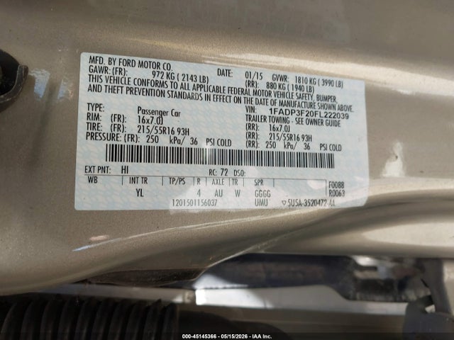 Ford FOCUS SE 2015 1FADP3F20FL222039 Image 9