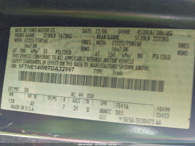 45145367 :رقم المزاد ، 1FTNE14W67DA32997 vin ، 2007 Ford E-150 Commercial/recreational مزاد بيع