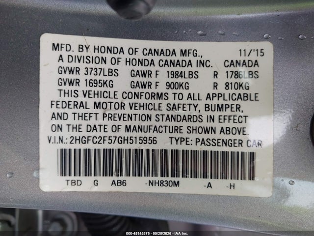45145375 :رقم المزاد ، 2HGFC2F57GH515956 vin ، 2016 Honda Civic Lx مزاد بيع