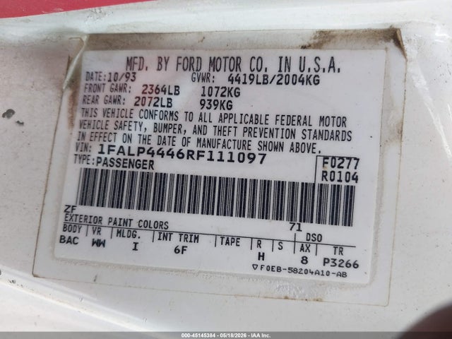Aukcja sprzedaży 1994 Ford Mustang, vin: 1FALP4446RF111097, numer aukcji: 45145384