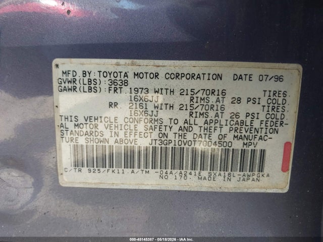 Aukcja sprzedaży 1996 Toyota Rav4, vin: JT3GP10V0T7004500, numer aukcji: 45145387