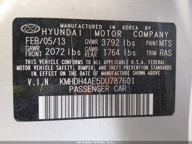 Продаж на аукціоні авто 2013 Hyundai Elantra Limited, vin: KMHDH4AE5DU787601, номер лоту: 45145394