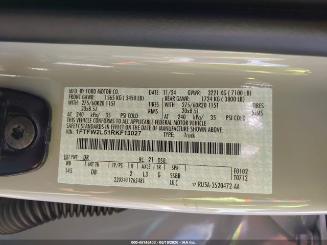 2024 Ford F-150 Stx მანქანა იყიდება აუქციონზე, vin: 1FTFW2L51RKF13027, აუქციონის ნომერი: 45145403