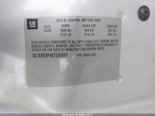 Продаж на аукціоні авто 2008 Chevrolet Cobalt Ls, vin: 1G1AK58F487290047, номер лоту: 45145414